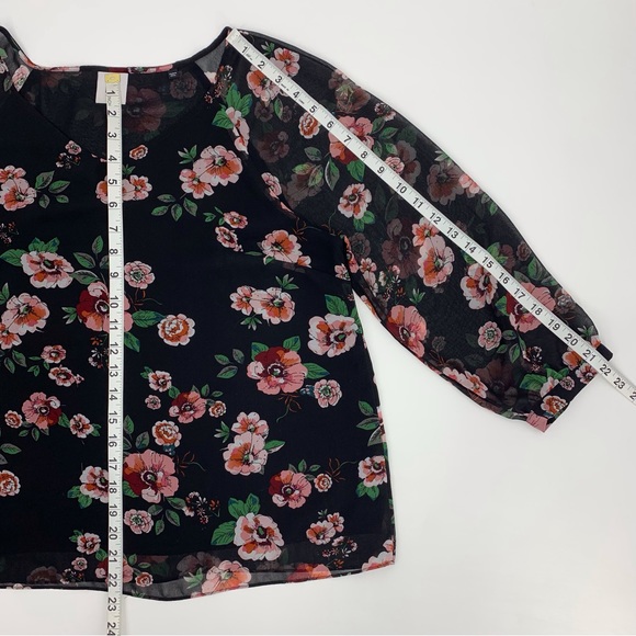 Cabi Garden Blouse # 3595, Black with Rose Print Layered 3/4 Sleeve Top, Medium - Picture 16 of 17